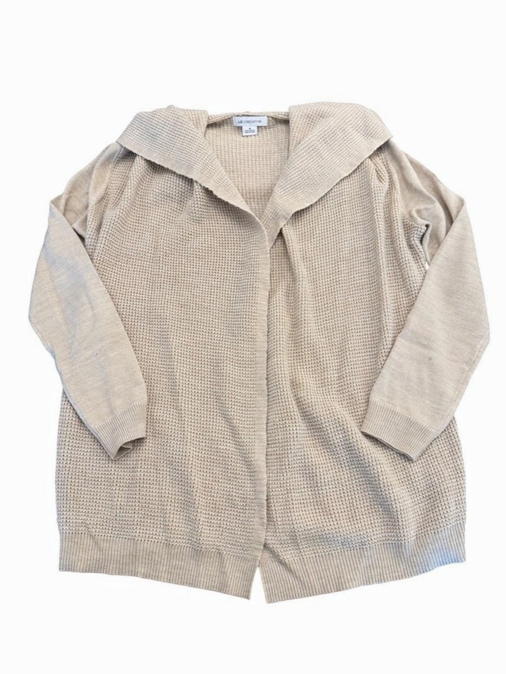 Liz Claiborne CozyChic Beige Open Cardigan Lite Coastal Waffle Knit Medium